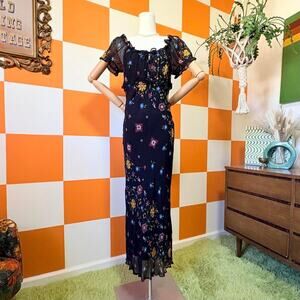 Y2K Vintage Black Multicolor Floral Print Milkmaid Bias Cut Maxi Dress